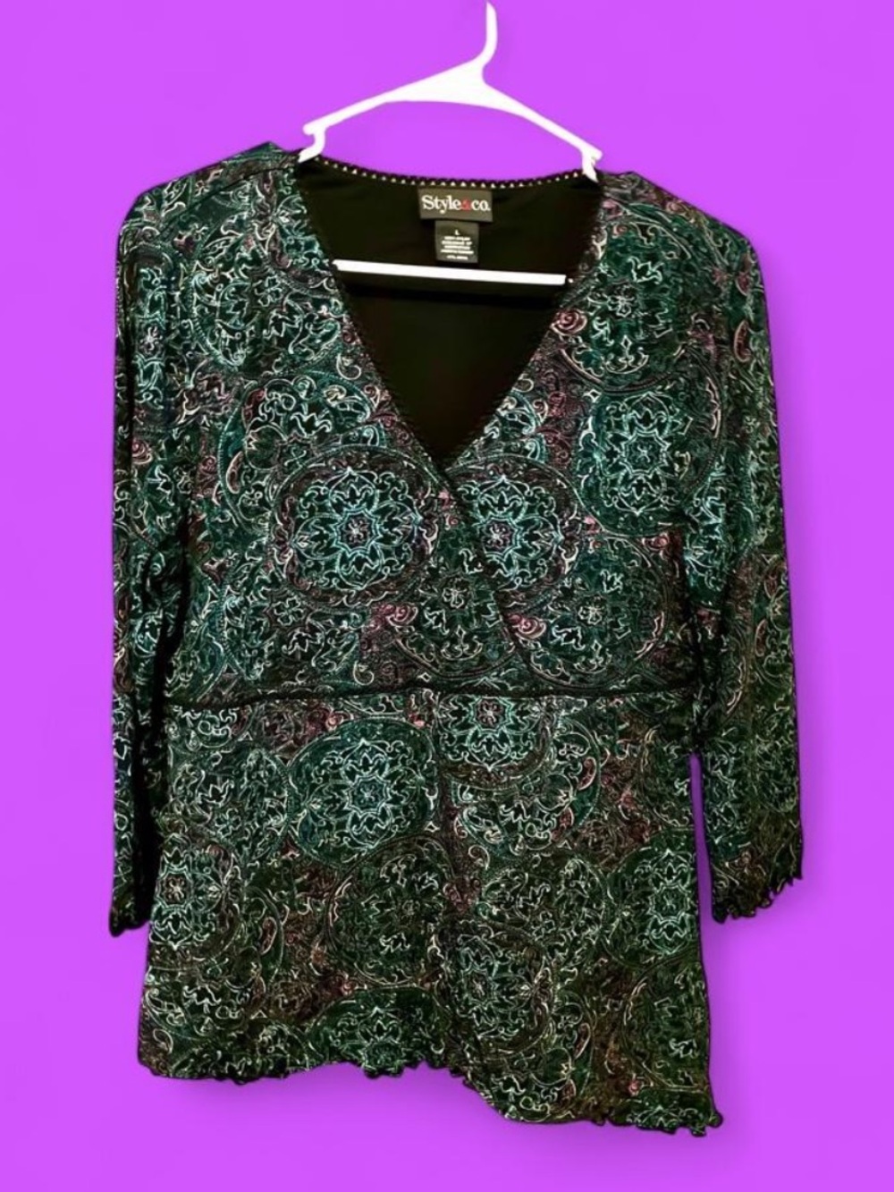Style & Co. Green Paisley-Print V-Neck Blouse, Size Large